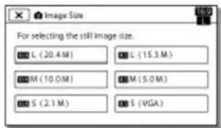 Image Size For selecting the still image size. L (20.4 M) M (10.0 M) S (2.1 M) L (15.3 M) M (5.0 M) S (VGA)