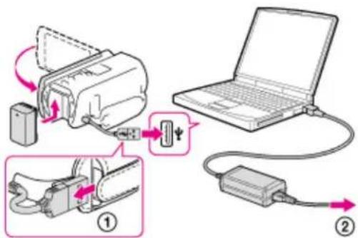 Diagram illustrating a device connection to a laptop, showing cable routing and battery installation steps.