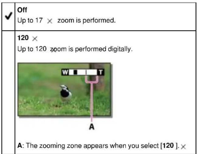 ✓ Off Up to 17 × zoom is performed. 120 × Up to 120 zoom is performed digitally. A: The zooming zone appears when you select [120]. ×