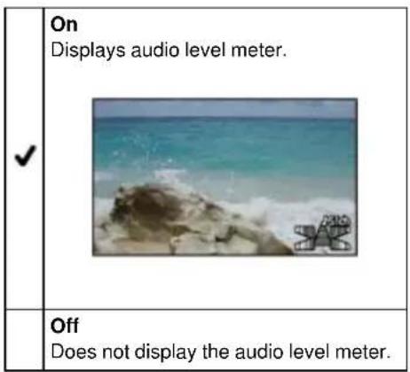 On Displays audio level meter. ✓ Off Does not display the audio level meter.