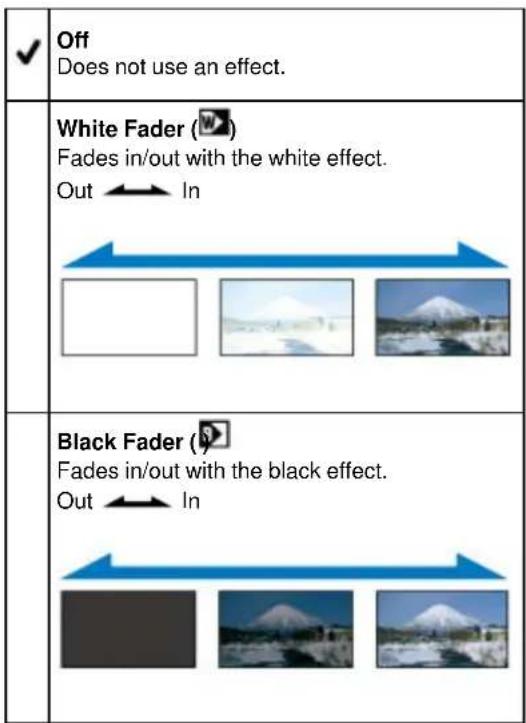 ✓ Off Does not use an effect. White Fader (W) Fades in/out with the white effect. Out In Black Fader (F) Fades in/out with the black effect. Out In