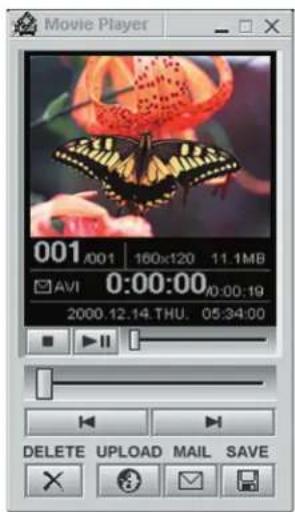Movie Player 001/001 160x120 11.1MB AVI 0:00:00/0:00:19 2000.12.14 THU. 05:34:00 DELETE UPLOAD MAIL SAVE