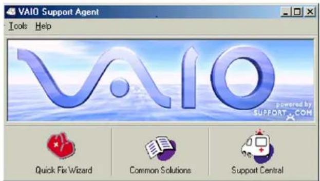 VAIO Support Agent Tools Help VAIO powered by SUPPORT.COM Quick Fix Wizard Common Solutions Support Central