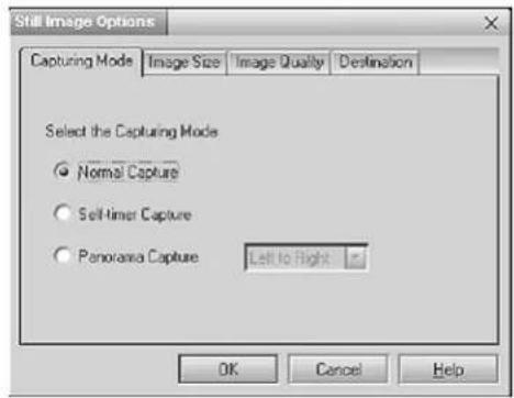 Still Image Options Capturing Mode Image Size Image Quality Destination Select the Capturing Mode ● Normal Capture ○ Self-timer Capture ○ Panorama Capture Left to Right OK Cancel Help