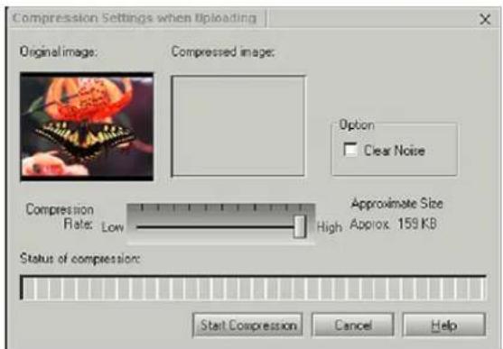 Compression Settings when Uploading Original image: Compressed image: Option Clear Noise Compression Rate: Low Approximate Size High Approx 159 KB Status of compression: Start Compression Cancel Help