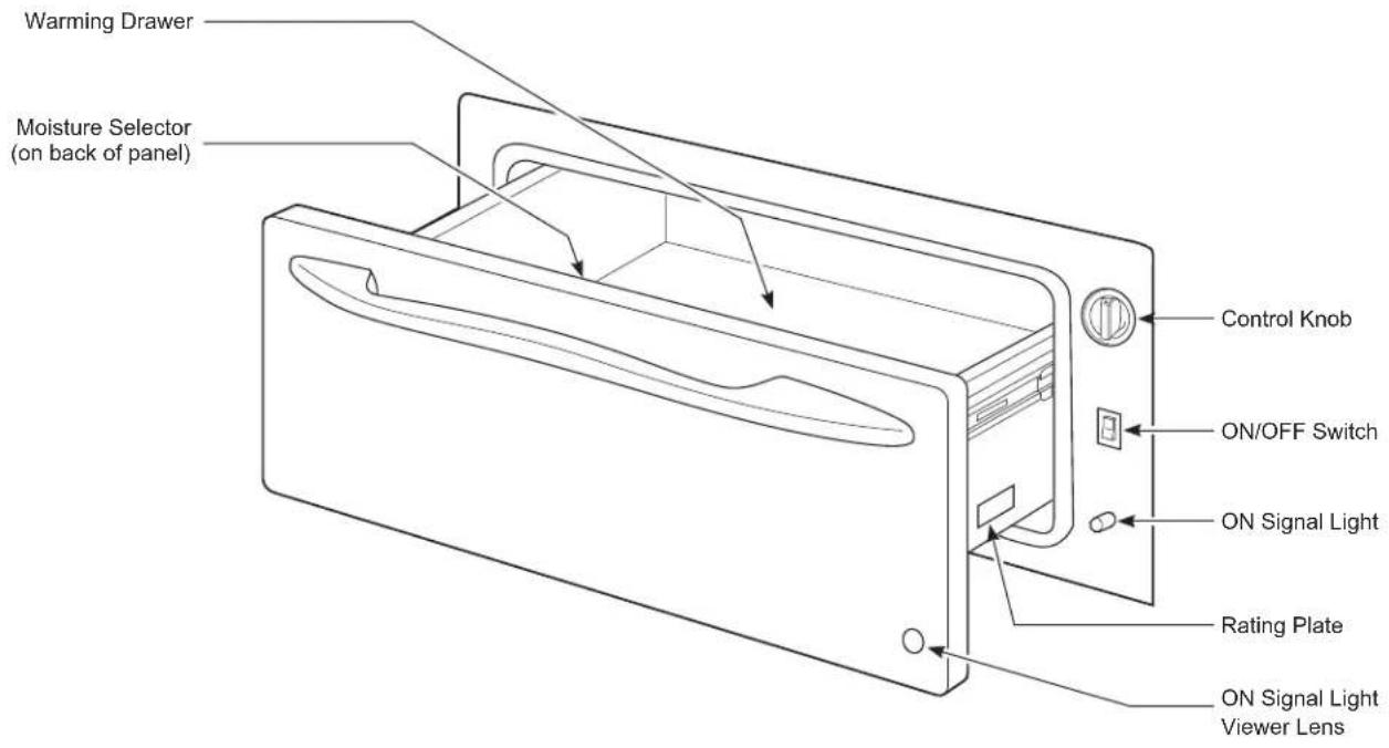 Warming Drawer Moisture Selector (on back of panel) Control Knob ON/OFF Switch ON Signal Light Rating Plate ON Signal Light Viewer Lens
