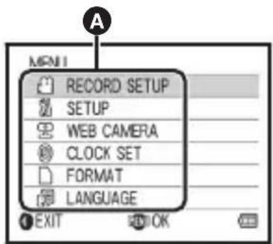 A RECORD SETUP SETUP WEB CAMERA CLOCK SET FORMAT LANGUAGE EXIT OK