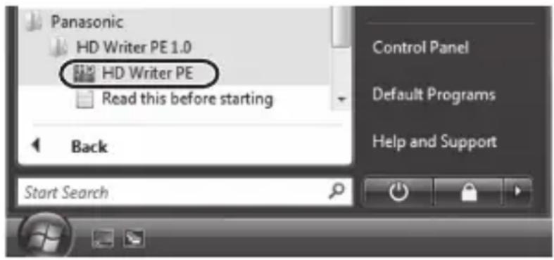 Panasonic HD Writer PE 1.0 HD Writer PE Read this before starting Back Start Search Control Panel Default Programs Help and Support