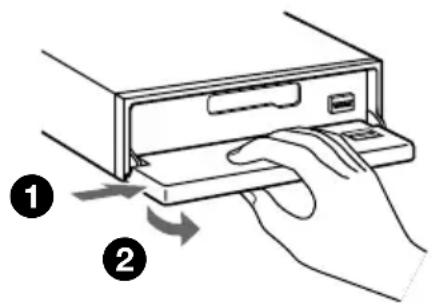 Diagram showing a hand pressing a device into a rack, labeled with two numbered steps indicating process flow.