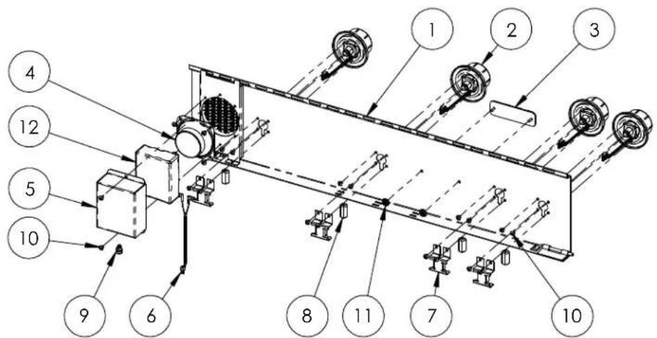 Technical diagram of a mechanical assembly with numbered components and directional arrows indicating flow or movement.