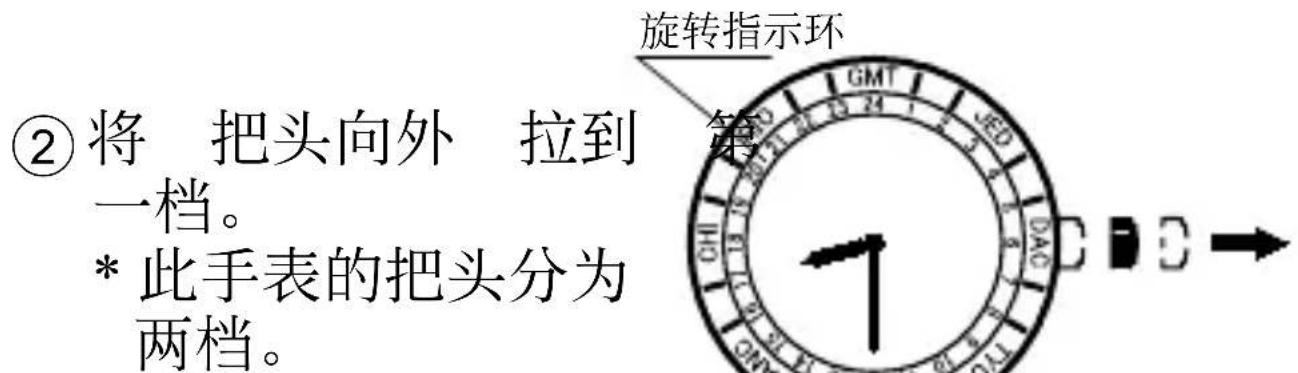 ②将 把头向外 拉到 第一档。 * 此手表的把头分为两档。