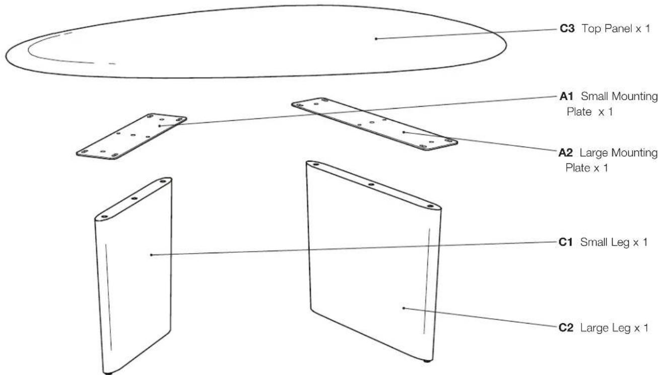C3 Top Panel x 1 A1 Small Mounting Plate x 1 A2 Large Mounting Plate x 1 C1 Small Leg x 1 C2 Large Leg x 1