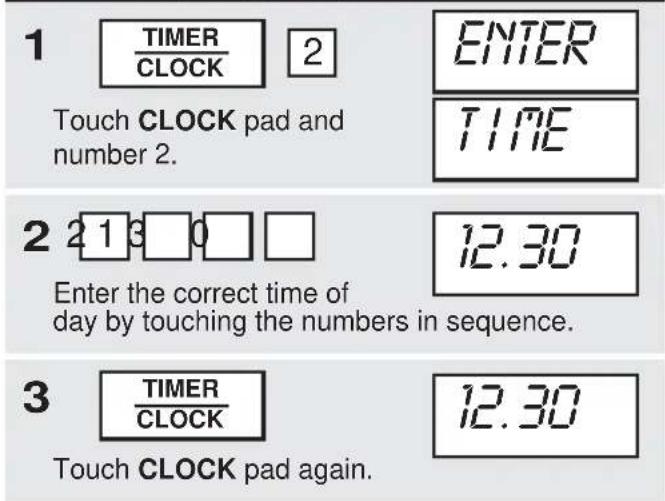 1 TIMER CLOCK 2 Touch CLOCK pad and number 2. ENTER TIME 2 1 3 0 □ Enter the correct time of day by touching the numbers in sequence. 12.30 3 TIMER CLOCK Touch CLOCK pad again. 12.30