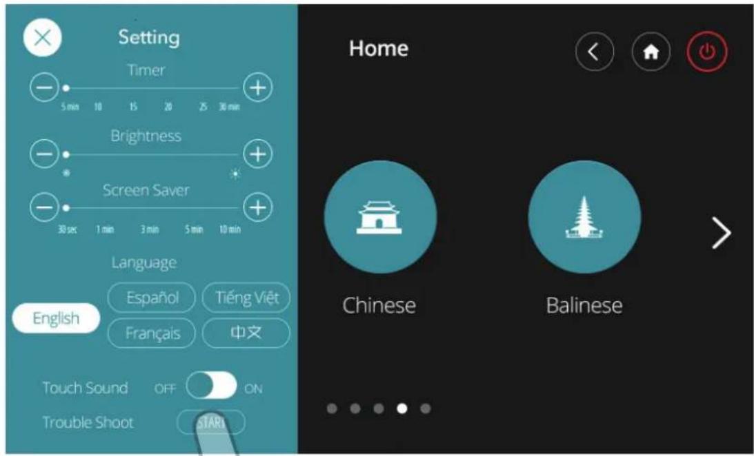 Mobile app settings interface showing timer, brightness, screen saver, language options, and home controls for Chinese and Balinese games.