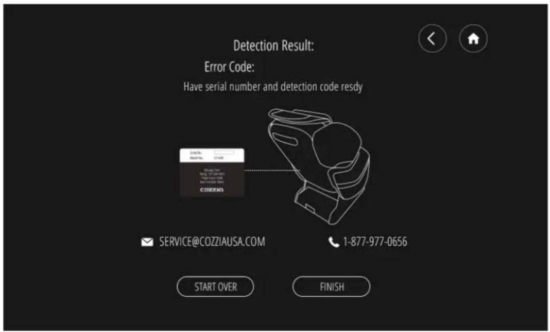 Detection Result: Error Code: Have serial number and detection code resdy Service@COZZIAUSA.COM 1-877-977-0656 START OVER FINISH