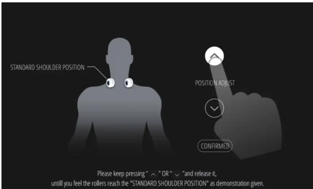 STANDARD SHOULDER POSITION POSITION ADJUST CONFIRMED Please keep pressing " ↗" OR " ↙" and release it, until you feel the rollers reach the "STANDARD SHOULDER POSITION" as demonstration given.