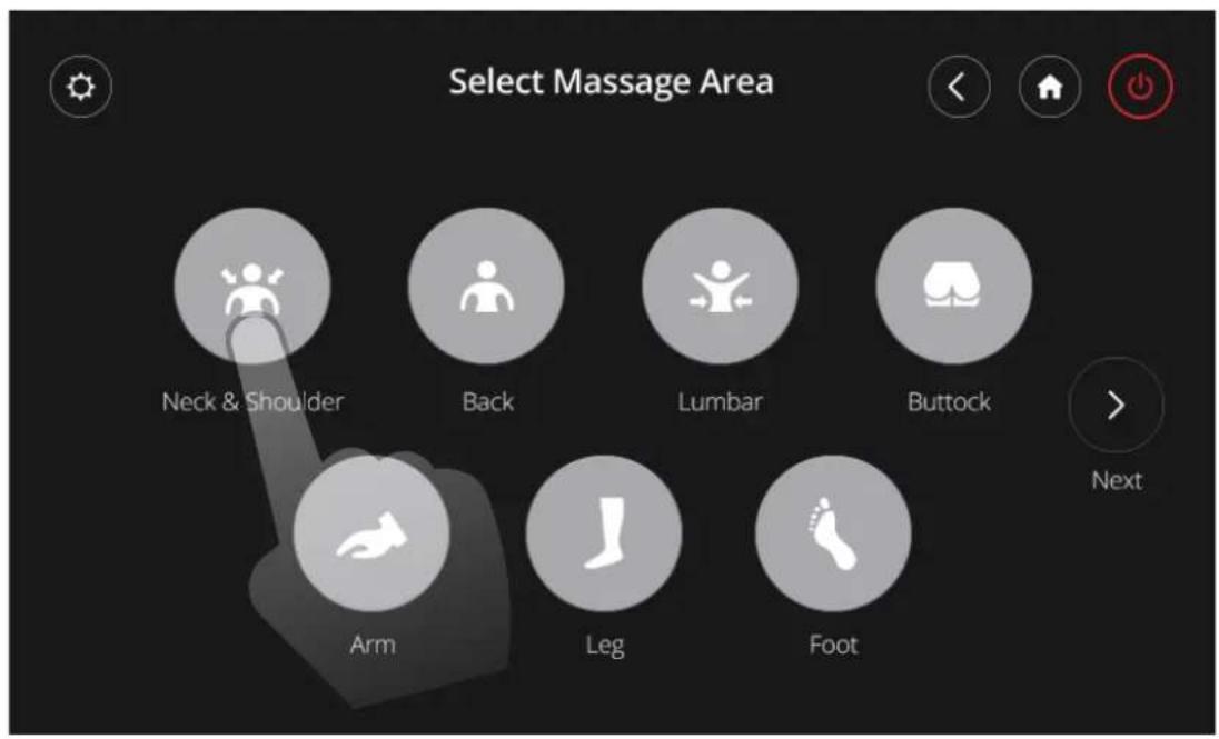 Select Massage Area Neck & Shoulder Back Lumbar Buttock Arm Leg Foot Next