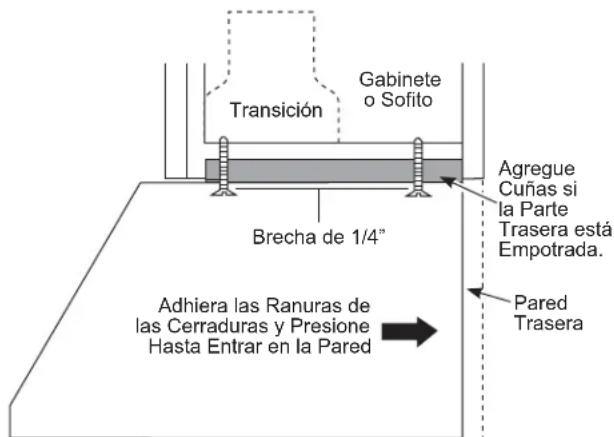 Transición Gabinete o Sofito Brecha de 1/4" Agregue Cuñas si la Parte Trasera está Empotrada. Adhiera las Ranuras de las Cerraduras y Presione Hasta Entrar en la Pared Pared Trasera