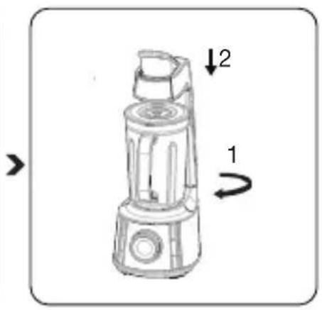 Diagram of a blender with labeled parts and directional arrows indicating motion or movement
