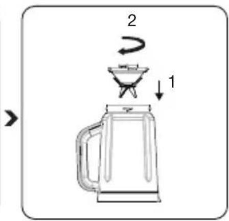 Diagram showing a cooking step with labeled arrows and a 3D model of a blender jar