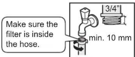 Make sure the filter is inside the hose. 3/4" min. 10 mm