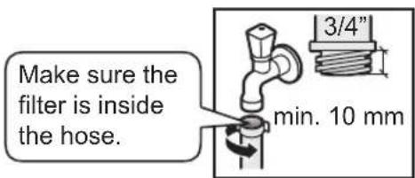 Make sure the filter is inside the hose. 3/4" min. 10 mm