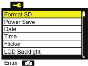 Format SD Power Save Date Time Flicker LCD Backlight Enter