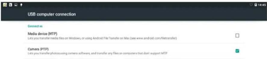 USB computer connection Connect as Media device (MTP) Lets you transfer media files on Windows, or using Android File Transfer on Mac (see www.android.com/filetransfer) Camera (PTP) Lets you transfer photos using camera software, and transfer any files on computers that don't support MTP
