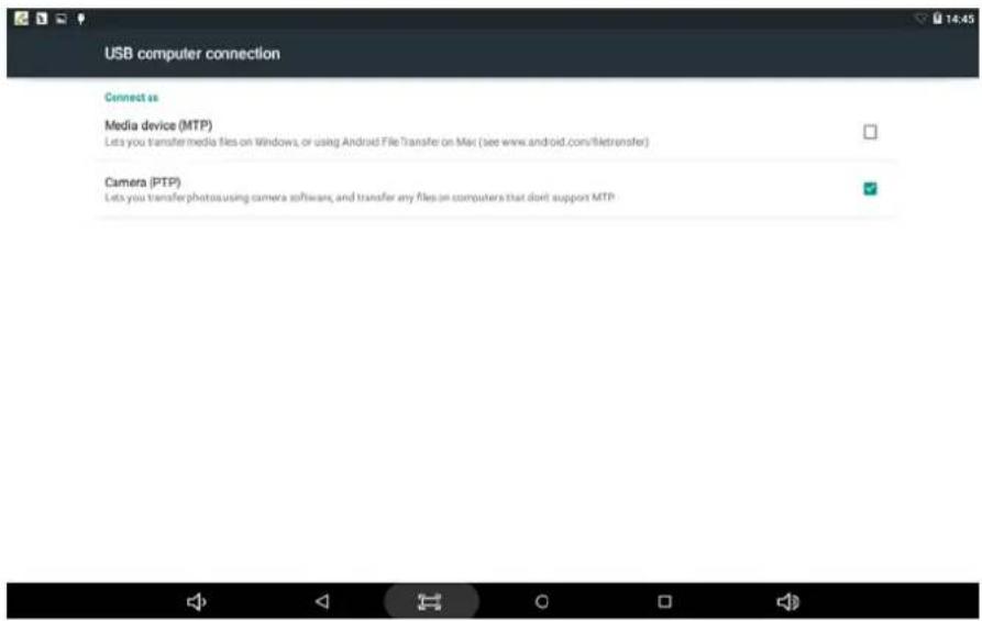 USB computer connection Connect as Media device (MTP) Lets you transfer media files on Windows, or using Android File Transfer on Mac (see www.android.com/filetransfer) Camera (PTP) Lets you transfer photos using camera software, and transfer any files on computers that don't support MTP