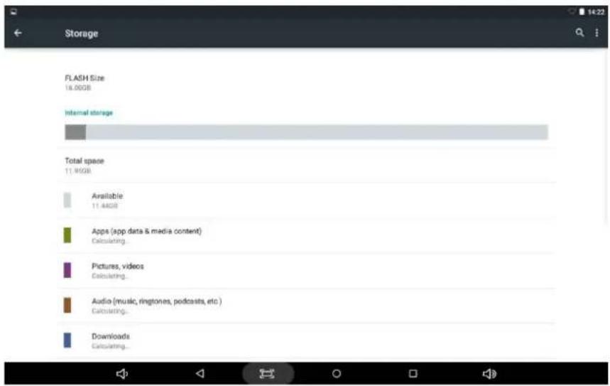 Storage FLASH Size 18.00GB Internal storage Total space 11.95GB Available 11.46GB Apps (app data & media content) Calculating... Pictures, videos Calculating... Audio (music, ringtones, podcasts, etc.) Calculating... Downloads Calculating...