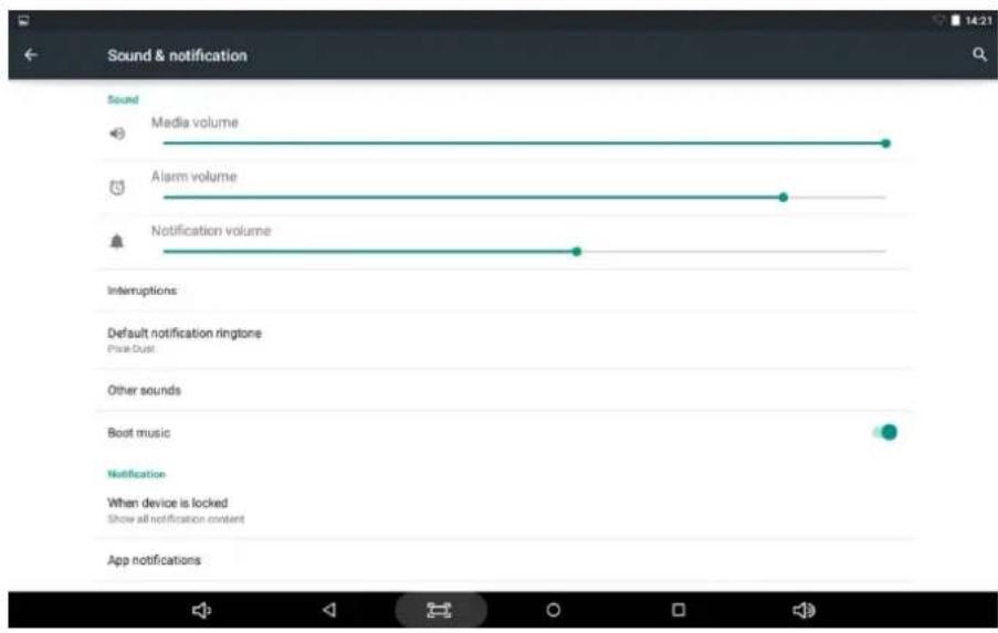 Sound & notification Sound Media volume Alarm volume Notification volume Interruptions Default notification rington Price Dust Other sounds Boot music Notification When device is locked Show all notification content App notifications
