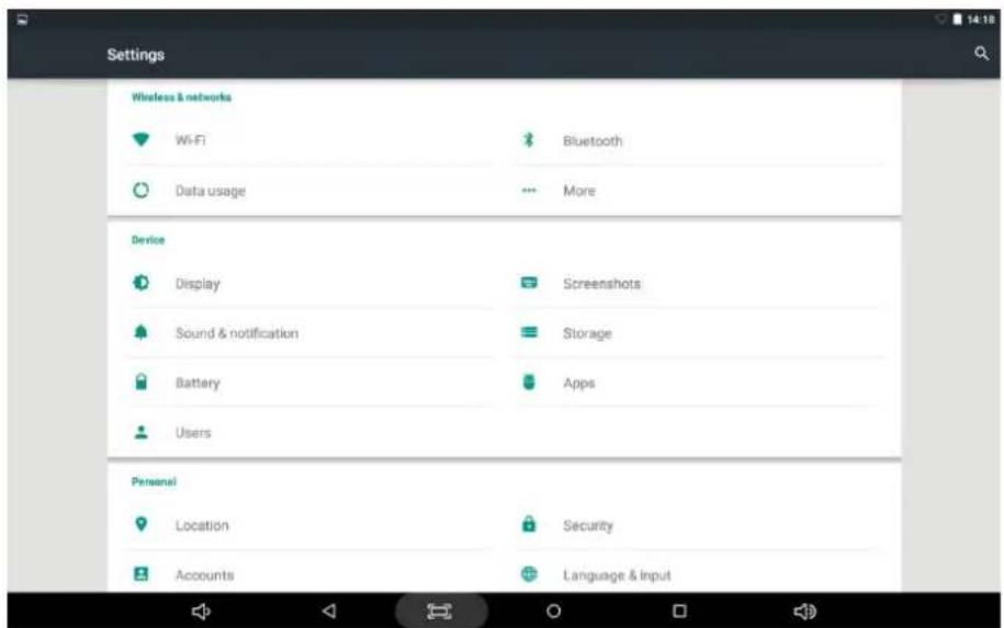 Settings Wireless & networks Wi-Fi Bluetooth Data usage More Device Display Screenshots Sound & notification Storage Battery Apps Users Personal Location Security Accounts Language & Input