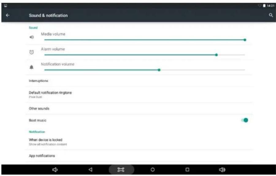 Sound & notification Sound Media volume Alarm volume Notification volume Interruptions Default notification ringtons Price Dust Other sounds Boot music Notification When device is locked Show all notification content App notifications
