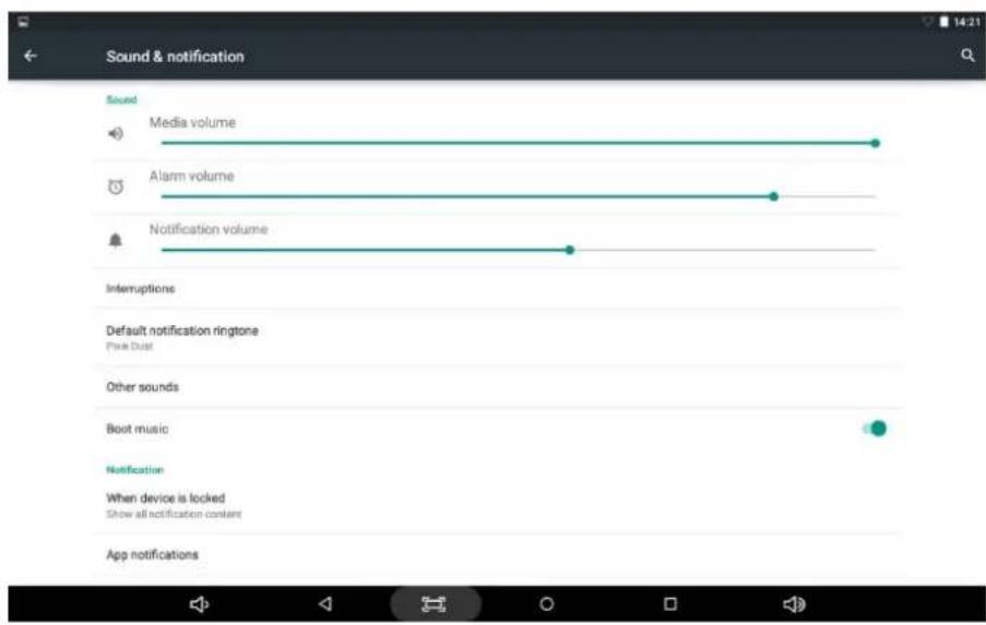 Sound & notification Sound Media volume Alarm volume Notification volume Interruptions Default notification ringtone Pink Dual Other sounds Boot music Notification When device is locked Show all notification content App notifications