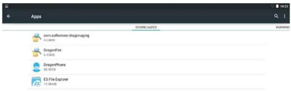 Apps DOWNLOADS RUNNING com.softwinner.dragonaging 4.04MB DragonFire 6.45MB DragonPhone 88.90KB ES File Explorer 19.86MB
