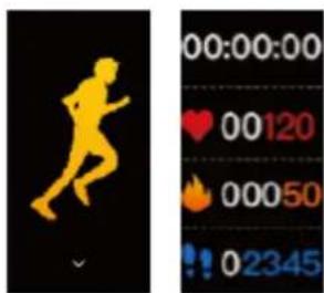 Image showing a yellow running figure next to a digital timer displaying time, heart, flame, and numeric values.