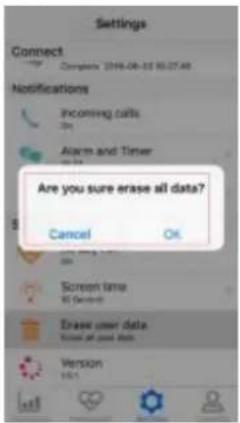Settings Connect Comptn 2016-08-32 10:27:48 Notifications Incoming calls Alarm and Timer Are you sure erase all data? Cancel OK Screen time 15 Seconds Erase user data Iwas at last date Version HUA
