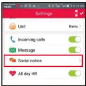 Settings Unit Metric Incoming calls Message Social notice All day HR