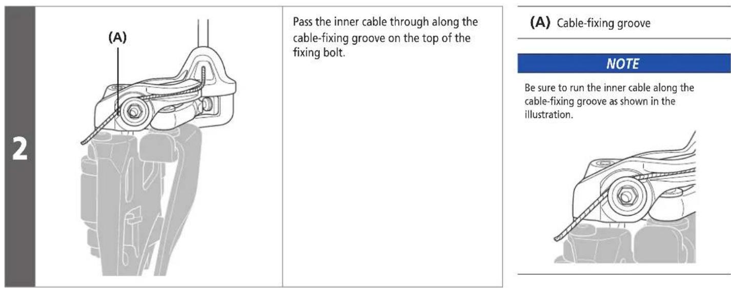 (A) Pass the inner cable through along the cable-fixing groove on the top of the fixing bolt. 2 (A) Cable-fixing groove NOTE Be sure to run the inner cable along the cable-fixing groove as shown in the illustration.