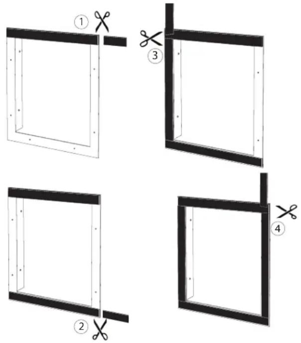 Diagram showing four steps of a window frame installation with scissors, labeled 1 to 4