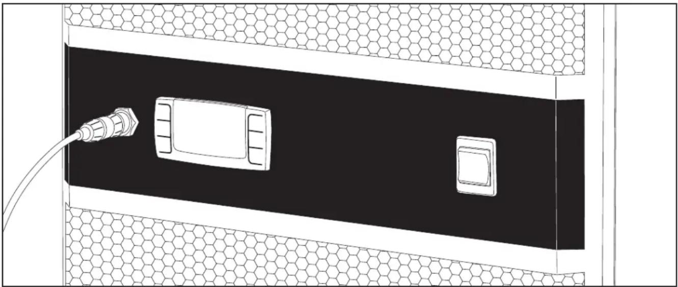 Diagram of a device panel with hexagonal mesh structure and two labeled buttons (no text or symbols)