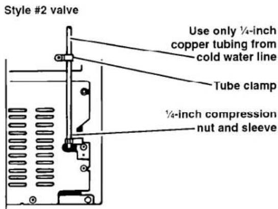 Style #2 valve Use only ¼-inch copper tubing from cold water line Tube clamp ¼-inch compression nut and sleeve