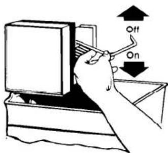 Diagram showing a hand using a tool to press an open computer, with 'On' and 'Off' labels indicating action directions.