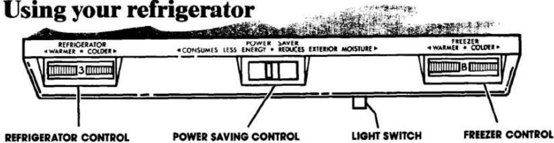 Using your refrigerator REFRIGERATOR WARMER • COLDER 3 POWER SAVING CONTROL CONSUMES LESS ENERGY • SAVER REDUCES EXTERIOR MOISTURE • FREEZER WARMER • COLDER B REFRIGERATOR CONTROL POWER SAVING CONTROL LIGHT SWITCH FREEZER CONTROL
