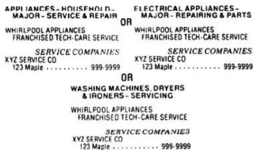 APPLIANCES - HOUSEHOLD - MAJOR - SERVICE & REPAIR OR WHIRLPOOL APPLIANCES FRANCHISED TECH-CARE SERVICE SERVICE COMPANIES XYZ SERVICE CO. 123 Maple .... 999-9999 ELECTRICAL APPLIANCES - MAJOR - REPAIRING & PARTS WHIRLPOOL APPLIANCES FRANCHISED TECH-CARE SERVICE SERVICE COMPANIES XYZ SERVICE CO. 123 Maple .... 999-9999 WASHING MACHINES, DRYERS & IRONERS - SERVICING WHIRLPOOL APPLIANCES FRANCHISED TECH-CARE SERVICE SERVICE COMPANIES XYZ SERVICE CO. 123 Maple .... 999-9999