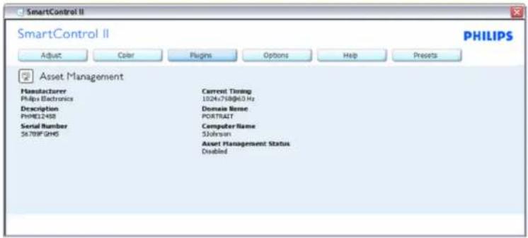 SmartControl II SmartControl II PHILIPS Adjust Clear Plugins Options Help Presets Asset Management Manufacturer Carrest Timing Philips Electronics 102M+758@43.0 Hz Description Domain Name PHME12458 PORTRAIT Serial Number Computer Name 56709F GMS SJohnson Asset Management Status Disabled