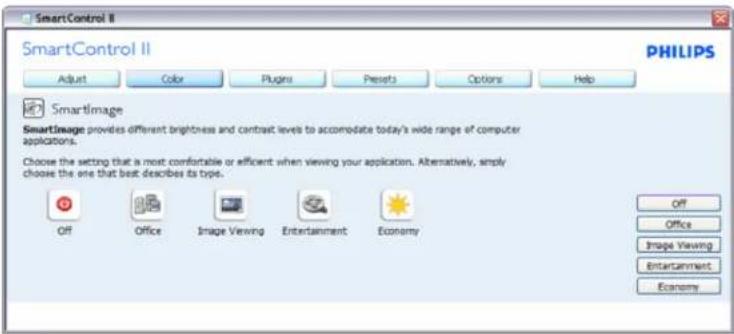 SmartControl II SmartControl II PHILIPS Adjust Color Plugins Presets Options Help SmartImage SmartImage provides different brightness and contrast levels to accommodate today's wide range of computer applications. Choose the setting that is most comfortable or efficient when viewing your application. Alternatively, simply choose the one that best describes its type. Off Office Image Viewing Entertainment Economy Off Office Image Viewing Entertainment Economy