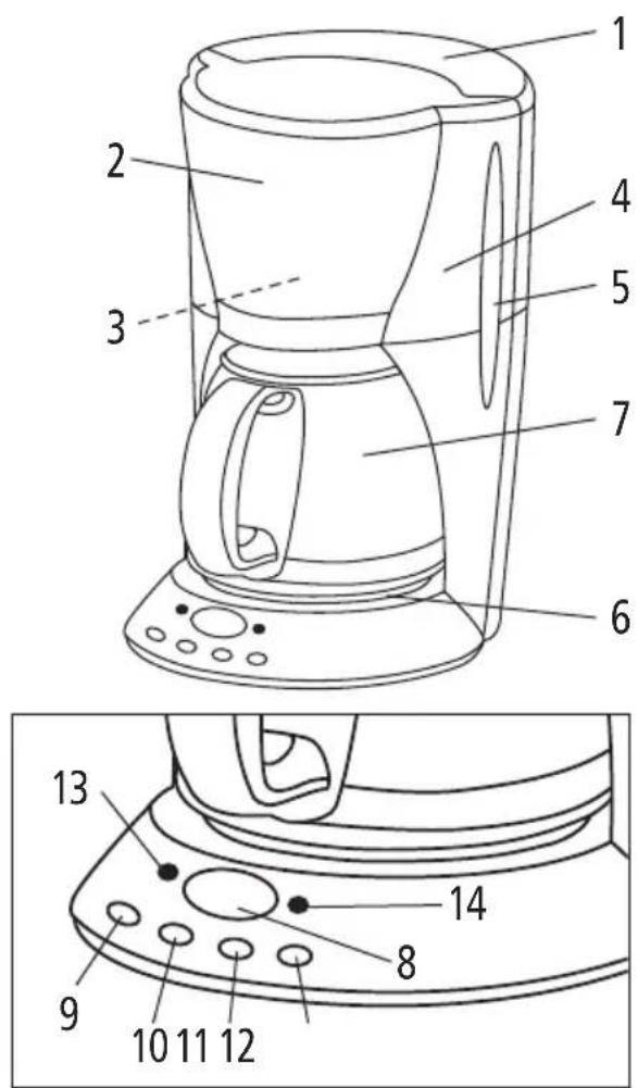 Technical diagram of a coffee maker with numbered parts for identification and assembly reference.