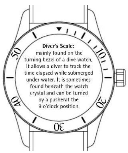 Diver's Scale: mainly found on the turning bezel of a dive watch, it allows a diver to track the time elapsed while submerged under water. It is sometimes found beneath the watch crystal and can be turned by a pusherat the 9 o'clock position.