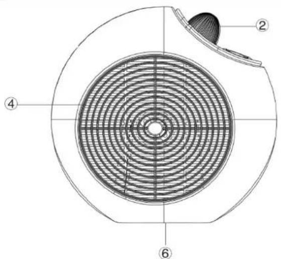 Technical diagram of a circular fan or vent with numbered components labeled 2, 4, and 6